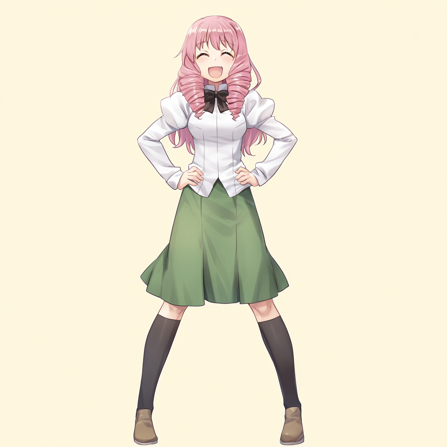 masterpiece, best quality, amazing quality, very aesthetic, absurdres, newest,
1girl, solo, standing, looking at viewer, full body,
<lora:Katawa_Shoujo_charpack_illust-000011:1>, katawa shoujo, yamaku high school uniform, mikado shiina, long hair, drill hair, pink hair, (brown eyes:0.0), smile, ^ ^, open mouth, :D, hands on own hips, laughing,
game cg, simple background,