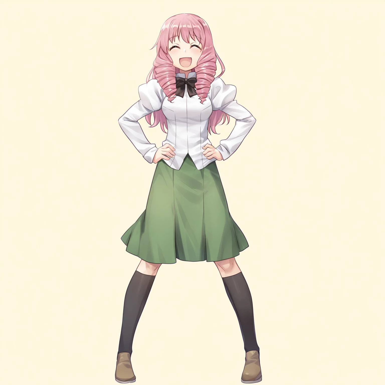 masterpiece, best quality, amazing quality, very aesthetic, absurdres, newest,
1girl, solo, standing, looking at viewer, full body,
<lora:Katawa_Shoujo_charpack_illust-000011:1>, katawa shoujo, yamaku high school uniform, mikado shiina, long hair, drill hair, pink hair, (brown eyes:0.0), smile, ^ ^, open mouth, :D, hands on own hips, laughing,
game cg, simple background,