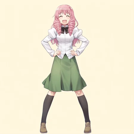 masterpiece, best quality, amazing quality, very aesthetic, absurdres, newest,
1girl, solo, standing, looking at viewer, full body,
<lora:Katawa_Shoujo_charpack_illust-000011:1>, katawa shoujo, yamaku high school uniform, mikado shiina, long hair, drill hair, pink hair, (brown eyes:0.0), smile, ^ ^, open mouth, :D, hands on own hips, laughing,
game cg, simple background,