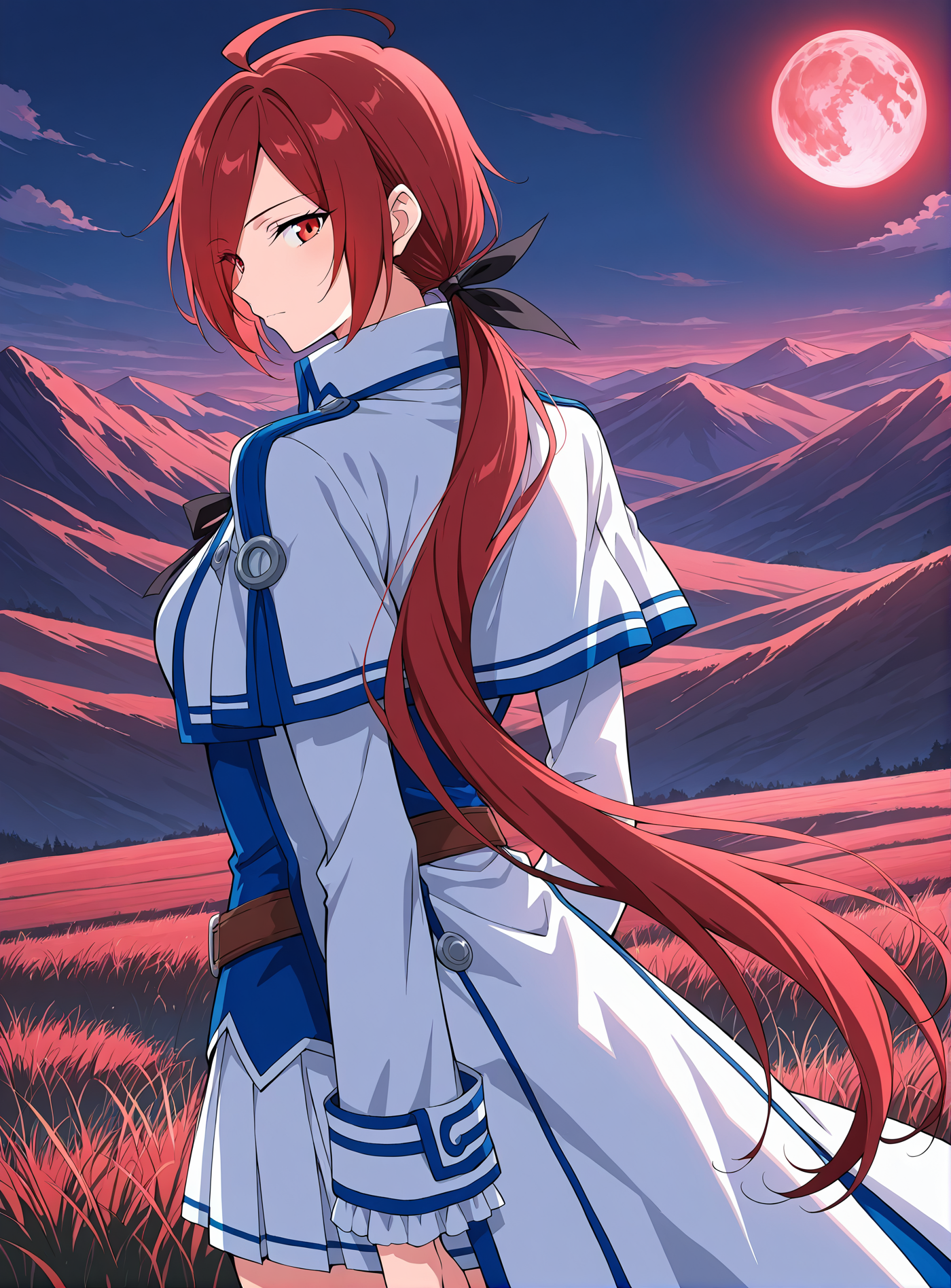 <lora:Xiao_Yu__Battle_Through_the_Heavens__Illustrious2:1>
1girl, solo,  red hair, long hair, long sidebangs, ahoge, ponytail, hair over one eye, red eyes, anime style, 
white and blue uniform, fantasy outfit, long coat, white pleated mini skirt, high boots, layered clothing, puffy sleeves, black ribbon, waist belt, structured sleeves, large collar, open coat, chest bow, symmetrical outfit, hair loop,
score_9, score_8_up, score_7_up, source anime, BREAK, cowboy shot, (from side), looking back, looking at viewer, overlooking mountain, high altitude, scenery, exterior, background, (solo), night, red moon