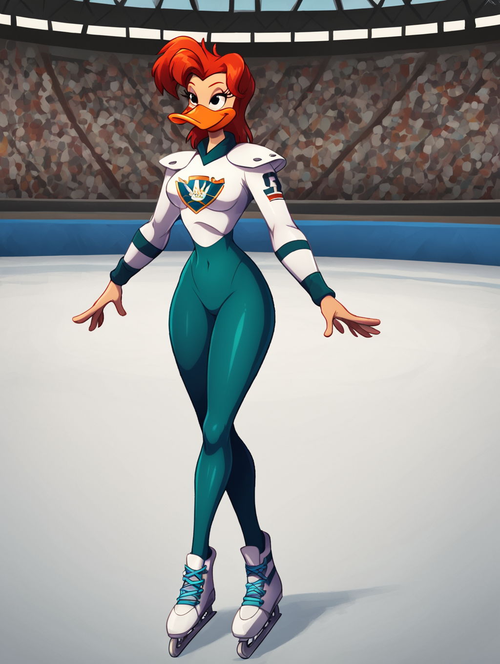 score_7, score_8, score_9, detailed background,inside,ice hockey stadium,(on ice rink:1.4), ,on ice,ultra high detailed,masterpiece,full body, BREAK Solo, 1girl,female,seductive eyes,long eyelashes,half closed eyes, furry,anthro, <lora:Mallory_McMallard_Might_Ducks:0.8> mallory_mcmallard,  duck, red hair,solo, single, beak, long eyelashes, black eyes, narrow waist, ,medium breasts,hockeyoutfit, number 15 on sleeve, white hockey uniform with red and teal accents, mighty ducks logo on chest,  (broad shoulders:1.4),ice rink,wearing Ice Skates,Ice Skates,long sleeves,tight leggings,