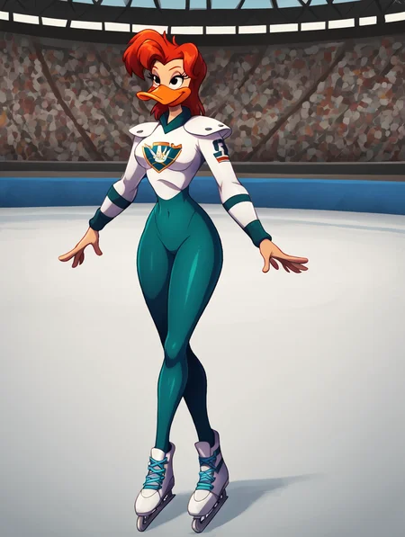 score_7, score_8, score_9, detailed background,inside,ice hockey stadium,(on ice rink:1.4), ,on ice,ultra high detailed,masterpiece,full body, BREAK Solo, 1girl,female,seductive eyes,long eyelashes,half closed eyes, furry,anthro, <lora:Mallory_McMallard_Might_Ducks:0.8> mallory_mcmallard,  duck, red hair,solo, single, beak, long eyelashes, black eyes, narrow waist, ,medium breasts,hockeyoutfit, number 15 on sleeve, white hockey uniform with red and teal accents, mighty ducks logo on chest,  (broad shoulders:1.4),ice rink,wearing Ice Skates,Ice Skates,long sleeves,tight leggings,