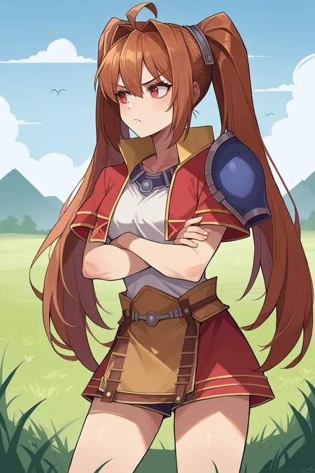 score_9, score_8_up, source_7_up, source_anime, BREAK 1girl <lora:estelle-pdxl-nvwls-v1:1> fcEstelle, twintails, red jacket, blue shoulder pad, white shirt, red skirt, short shorts, crossed arms, pout, grass, field, farm