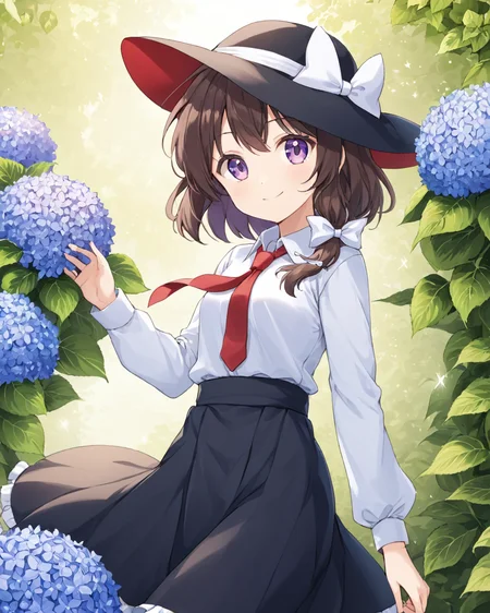 usami renko, black_skirt, hat_removed, white_shirt, holding_hat, white_bow, ribbon_trim, red_bow, smile, looking_at_viewer, hydrangea, 2girls, black_headwear, hat_bow, hair_bow, closed_mouth, necktie, mob_cap, long_sleeves, white_headwear, fedora, outdoors, purple_flower
<lora:usami_renko_image1360_2023-12-20-000010:1>,star-shaped_pupils,symbol-shaped_pupils,. gorgeous,key visual, vibrant, studio anime,award-winning, professional, highly detailed,high budget, cinemascope