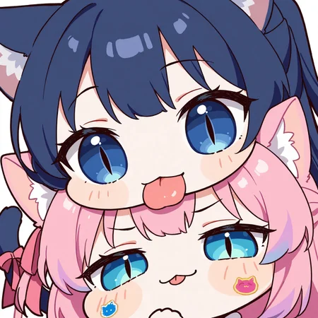 2girls, catgirl, cute, curvy, portrait, chibi,
(dark blue hair:1.1), dark blue cat tail, half updo ponytail,dark blue cat ears,blue eyes,slit pupils,pink(hair-tips:1.1),pink hair ribbon,tail ribbon,
tongue,tongue out, licking head,
:3, simple background,Sticker