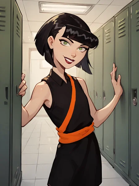 <lora:IngridPony1.0:0.8> ingridthird, 1girl, black hair, solo, short hair, green eyes, black dress,smile,orange sash, sleeveless, makeup, looking at viewer, lipstick, bob cut, locker,school,cowboy shot, score_9, score_8_up, score_7_up, score_6_up <lora:Smooth Anime Style LoRA XL:1>