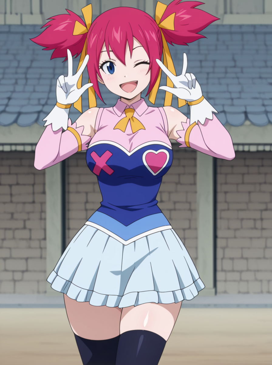 masterpiece, best quality, amazing quality, very aesthetic, absurdres, newest,shiny skin, anime screenshot,  anime screenshot,  <lora:SherriaBlendyIllust:1>sherriablendyillust, twintails, 1girl, ribbon, blue eyes, hair ribbon, pink hair, short twintails, skirt, thighhighs, yellow ribbon detached sleeves,  white gloves,  wink smile open mouth,