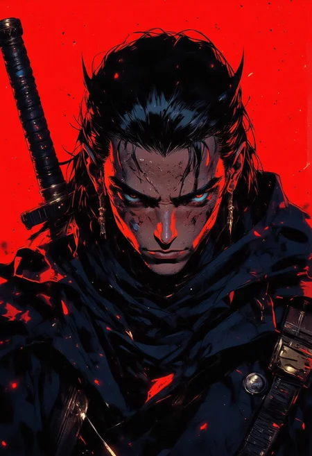 The image shows a futuristic, cyberpunk-style character with pale skin and dark, wet-looking long hair partially shaved on one side, revealing a geometric design. The character's expression is calm yet intense, with sharp, angular facial features. He wears a dark, oversized jacket that adds to his mysterious appearance. A katana is strapped to his back, suggesting a warrior or samurai-inspired persona. The background is a bold, solid red, enhancing the dramatic and striking contrast of the character’s dark