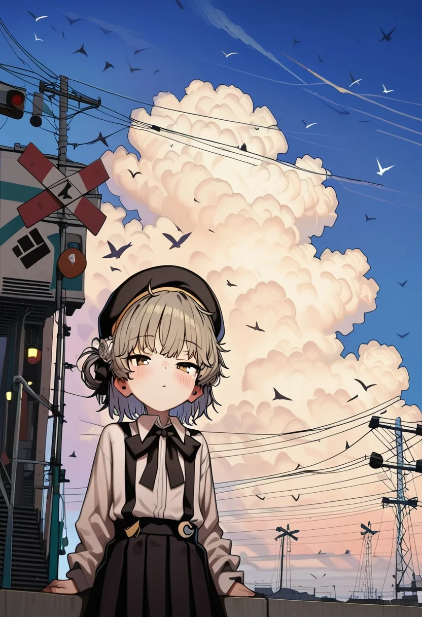 (score_9,score_8_up:1.1),score_7_up,
1girl, virtual youtuber, solo, outdoors, hat, skirt, shirt, sky, cloud, brown eyes, blush, utility pole, white shirt, bird, black skirt, black headwear, power lines, suspenders, collared shirt, beret, long sleeves, flower, looking at viewer, brown hair, suspender skirt, mole, bow, mole under eye, bangs, ribbon