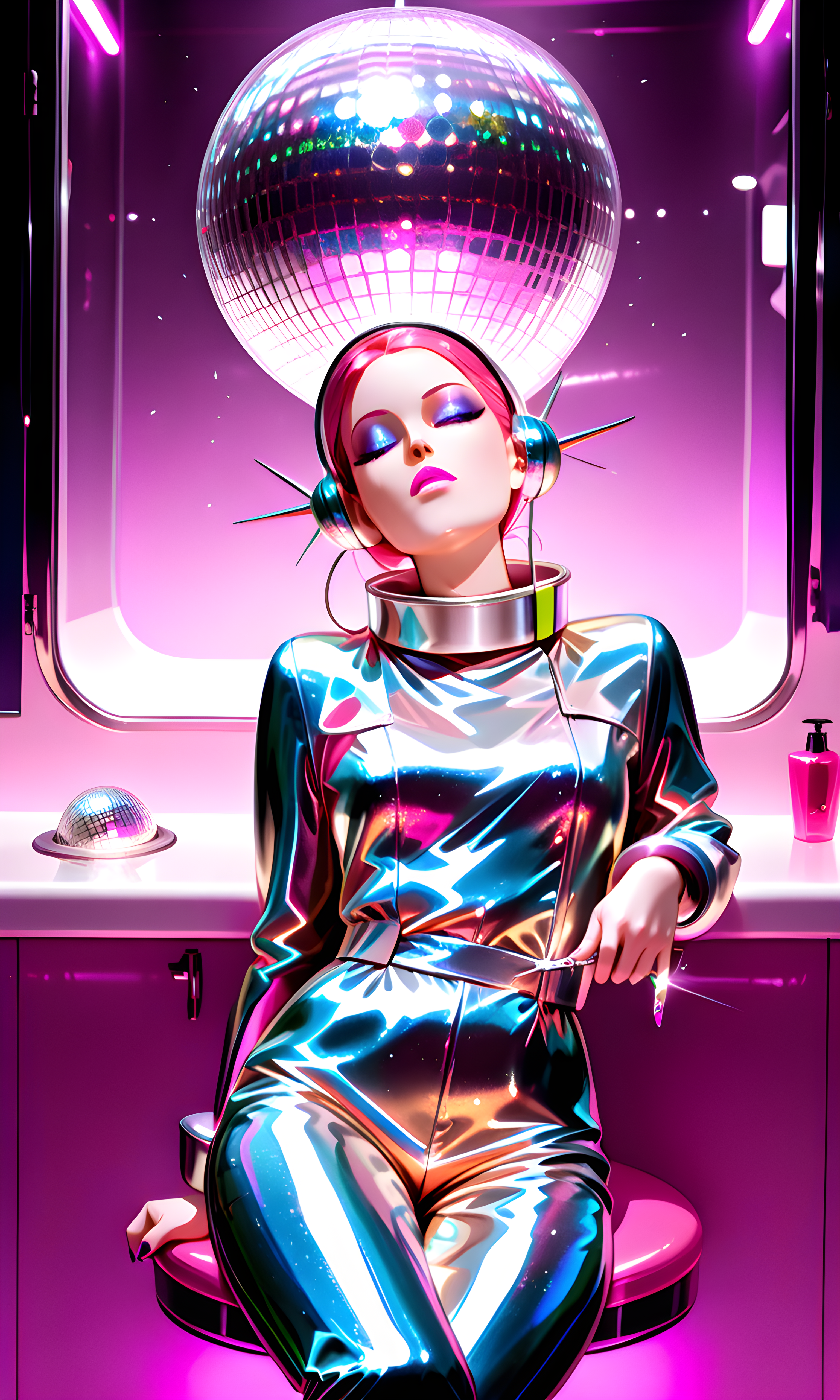 1girl, solo, metallic lamé jumpsuit with wide collar, blissed-out eyes closed mid-spin, disco ball purse and vinyl gloves, grungy nightclub bathroom with smeared mirrors, peeling nail polish and busted rings, glitter-slick lids and glossy pink lips with teased blowout, leaning back on one hand, leg crossed, relaxed stance, 8K, ultra-detailed, cinematic lighting, best, quality, masterpiece