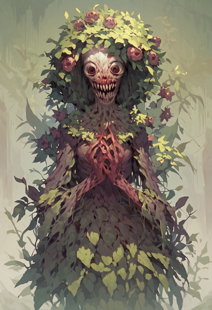 Masterpiece, very realistic, score_9, score_8_up, score_7_up, Source plant character, Plant transformation, solo, digital art, human/plant, body is becoming plant, plant character, anime girl, plant girl, monster girl, horrifying, scary character, horror art style, creepy background