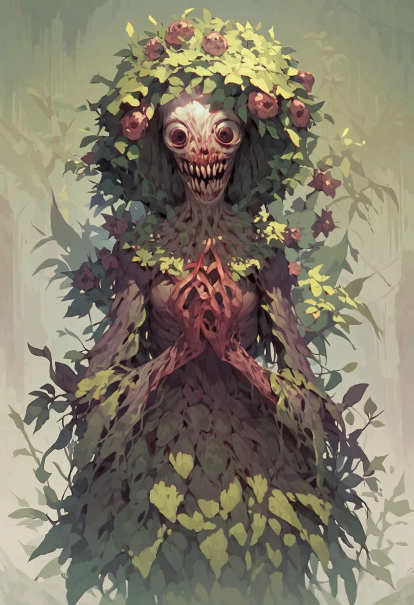 Masterpiece, very realistic, score_9, score_8_up, score_7_up, Source plant character, Plant transformation, solo, digital art, human/plant, body is becoming plant, plant character, anime girl, plant girl, monster girl, horrifying, scary character, horror art style, creepy background