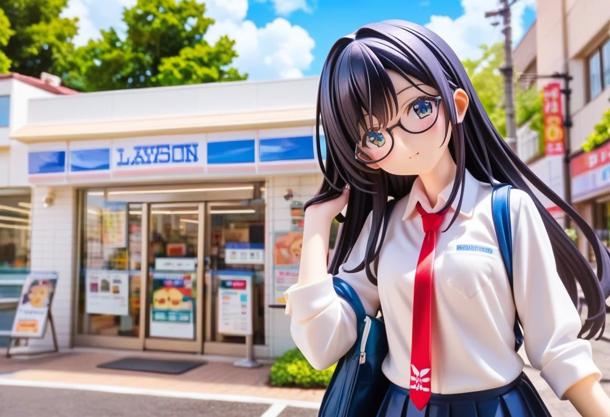 score_9, score_8_up, score_7_up, rating_safe, masterpiece, best quality, absurdres, unity 8k wallpaper, official art, official style, source_anime, uncensored, game cg, megami magazine,
1girl, solo, glasses, black hair, long hair, collared shirt, red necktie, pleated skirt, blue skirt, looking at viewer, blush, upper body,
lawson, konbini, scenery, storefront, scenery, shop, sky, cloud, outdoors, day, real world location, blue sky, building, road, sign, city, tree
<lora:lawson_storefront_PONY_V1:1>