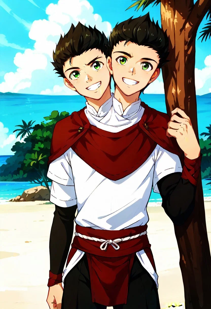 1boy with twoheads, taiga, solo, smile,one eye closed, beach,against tree, black hair, green eyes, nomadic desert clothing, medieval clothing, detailed cloth clothing, detailed background,looking to the side <lora:Taiga_XL_V10:.8>, (zPDXL), score_9, score_8_up, score_7_up, <lora:OtherStyle_05V1:.6>