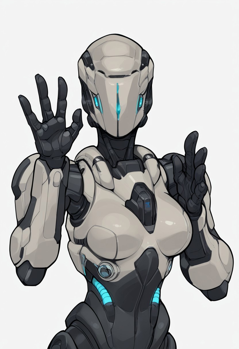score_9, score_8_up, score_7_up, score_6_up, score_5_up, score_4_up, source_anime, 1girl, solo, sam hayden, robotic female, breasts, upper body only, single eye, robotic eye,  blue eye, white body, pochincoff, hand up, waving, cute girl