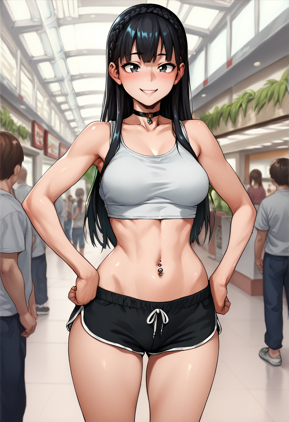 1 girl,  view from front, 
standing, hands on own hips,
looking at the viewer, smile, blush,
braid, long hair, black hair,
medium breasts, narrow waists, wide hips,
dolphin shorts, white tank top,
choker, Navel piercing,
mall, public, crew, 
  <lora:Neromashin Style_FinalVersion:1>, score_9, score_8_up, score_7_up, score_6_up, score_5_up, score_4_up,