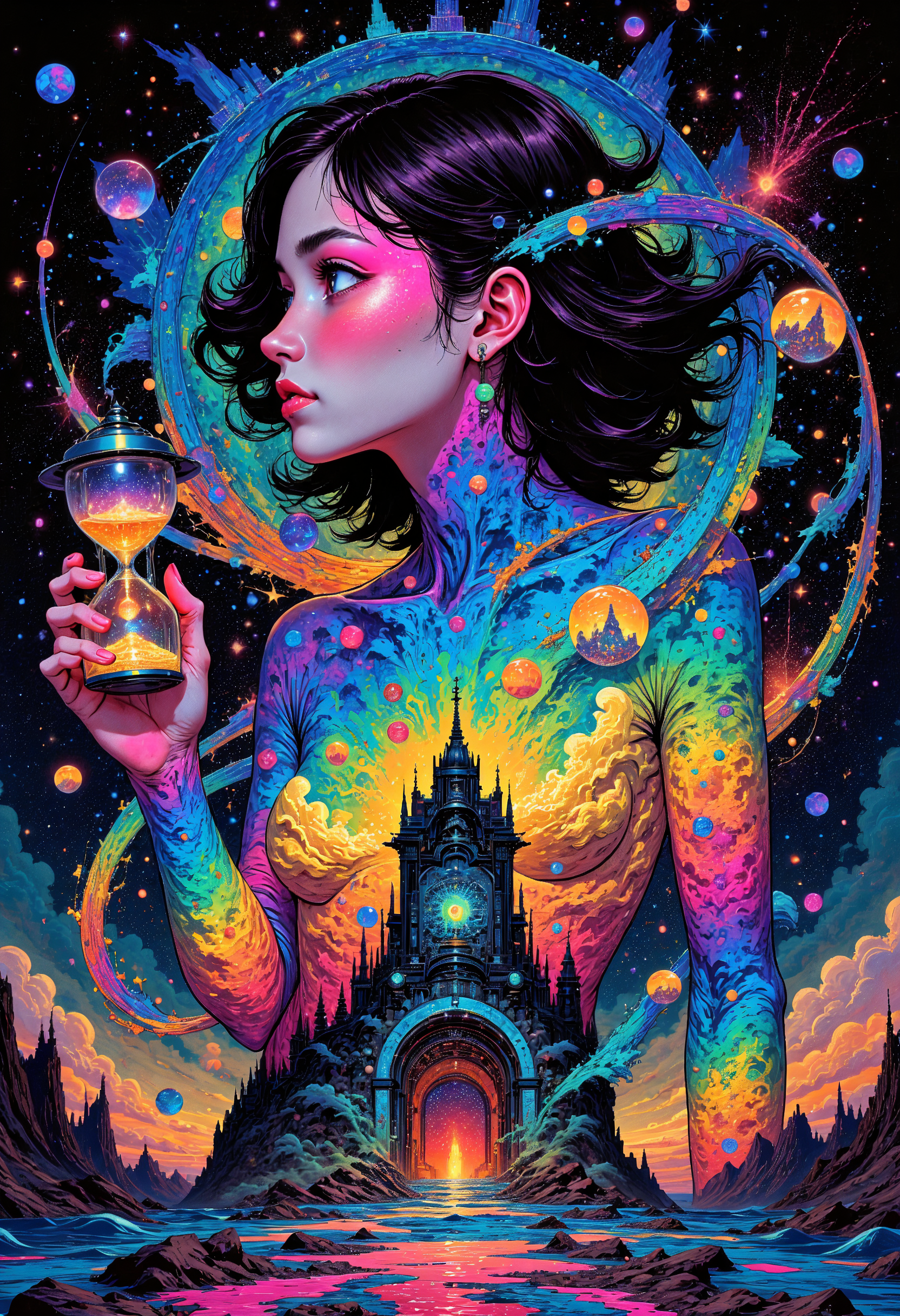 (in Otomo Katsuhiro style:1.2), masterpiece, high-quality, A time traveler with swirling bands of light circling her body, each representing different eras casting shifting shadows of various ancient and futuristic architectures onto her, She holds a small rotating hourglass filled with stars as if containing entire galaxies, The background is an abstract vortex of time and space, era fusion, cosmic hourglass, temporal glow, Stylized anime with intricate time effects and cosmic motifs, (elaborate fine details:1.1), (hyperdetailed:1.1), (intricate details:1.0), (Refined details:1.1), (best quality:1.1), (high resolution:1.2),