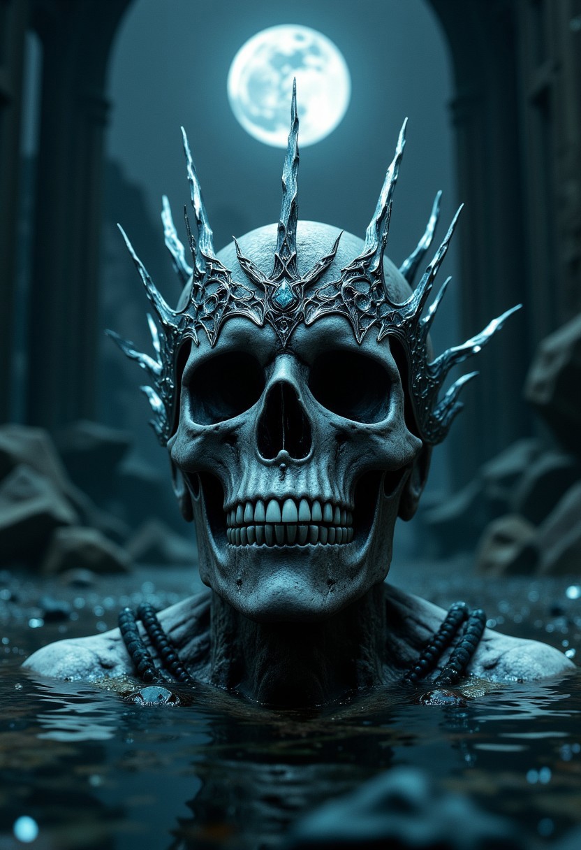 A crown of intertwined silver and onyx, its jagged spires resembling frozen lightning, sits atop the skull of an ancient king whose throne is now submerged beneath an endless black sea. The water is impossibly still, reflecting the eternal twilight above, where a fractured moon looms, casting its eerie glow upon the drowned ruins. Schools of translucent fish weave through the broken pillars, their forms flickering between existence and memory. The crown, untouched by the decay of time, remains as pristine as the day it was forged, humming faintly as the tide whispers secrets into the abyss.
   , aidmabaldursgate3, aidmamj6.1, aidmafluxpro1.1
