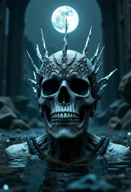 A crown of intertwined silver and onyx, its jagged spires resembling frozen lightning, sits atop the skull of an ancient king whose throne is now submerged beneath an endless black sea. The water is impossibly still, reflecting the eternal twilight above, where a fractured moon looms, casting its eerie glow upon the drowned ruins. Schools of translucent fish weave through the broken pillars, their forms flickering between existence and memory. The crown, untouched by the decay of time, remains as pristine as the day it was forged, humming faintly as the tide whispers secrets into the abyss.
, aidmabaldursgate3, aidmamj6.1, aidmafluxpro1.1