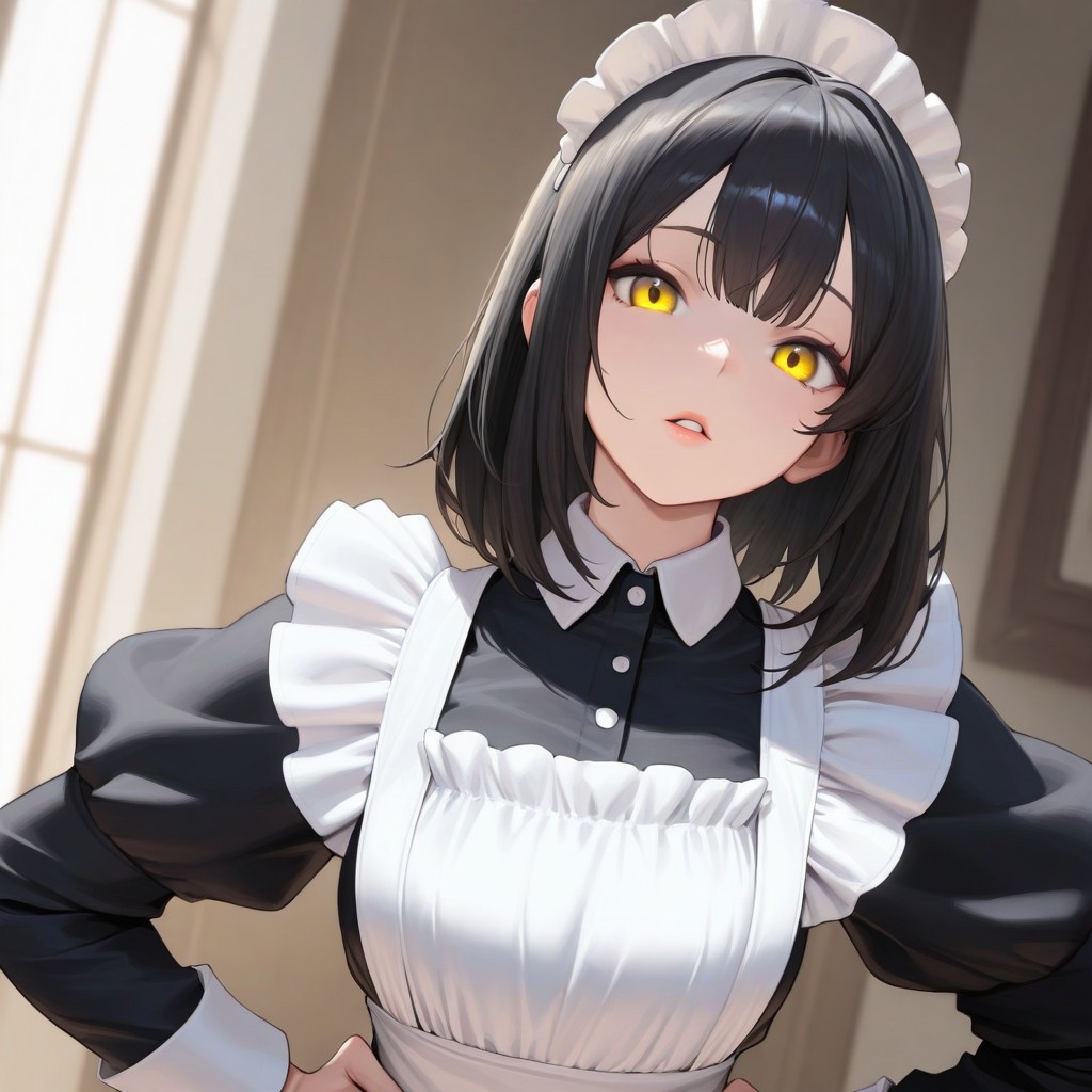 1girl, maid, black hair, medium hair, maid headdress, masterpiece, yellow eyes, kitsune, parted lips, looking at viewer, maid outfit, indoor, hands on hips, volumetric lighting, portrait, upper body,