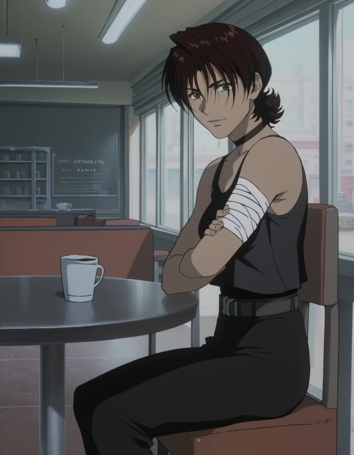 score_9, score_8_up, score_7_up, <lora:cowboy-bebop-ponyxl-000020:1> ovirowa, choker, black tank top, bare shoulders, bandaged arm, belt, pants, black pants
1girl, solo, sitting, chair, table, smile, from side, looking at viewer, upper body, cafe