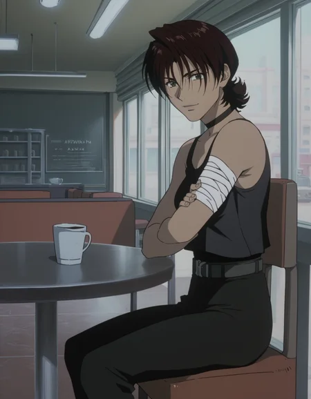 score_9, score_8_up, score_7_up, <lora:cowboy-bebop-ponyxl-000020:1> ovirowa, choker, black tank top, bare shoulders, bandaged arm, belt, pants, black pants
1girl, solo, sitting, chair, table, smile, from side, looking at viewer, upper body, cafe
