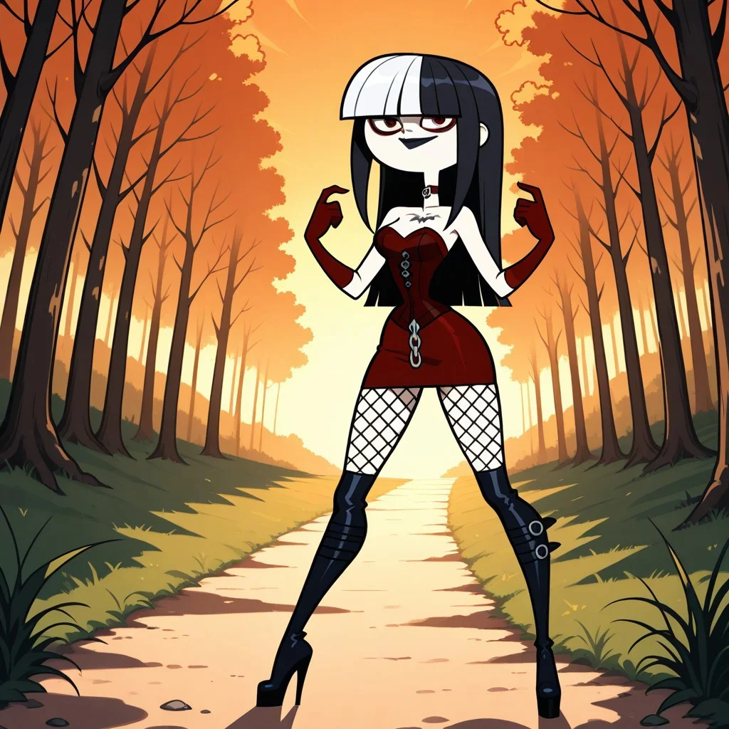 score_9, score_8, BREAK, solo, dark red corset, goth, blunt bangs, dark red gloves, long hair, red eyes, makeup, knee boots, high heel boots, fishnets, chest tattoo, choker, breasts, total drama, CrimsonTD, pale skin, white skin, black lips, lipstick, multicolored hair, black hair, white hair, sexy pose, self portrait, smile, looking at viewer, outdoors, sunlight, shadows, evening lighting, natural lighting, forest, trees, grass, orange sky, sunset