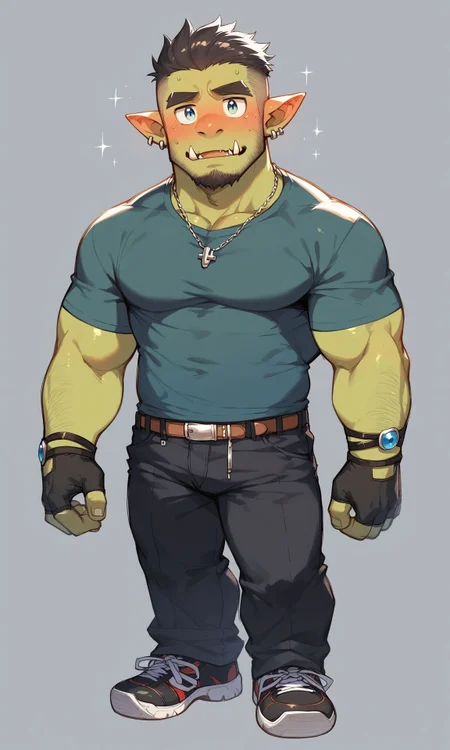 masterpiece, 1boy, solo, sd_male, sd_male, chibi, (orc, fang out, green skin, fang:1.2), muscular male, bara, (body hair:1.3), thick eyebrows, beard, full body, (looking at viewer, full-face blush:1.4), <lora:SDmale_V1b:1.0>, score_9_up, score_8_up, score_7_up, score_6_up, score_5_up, score_4_up,