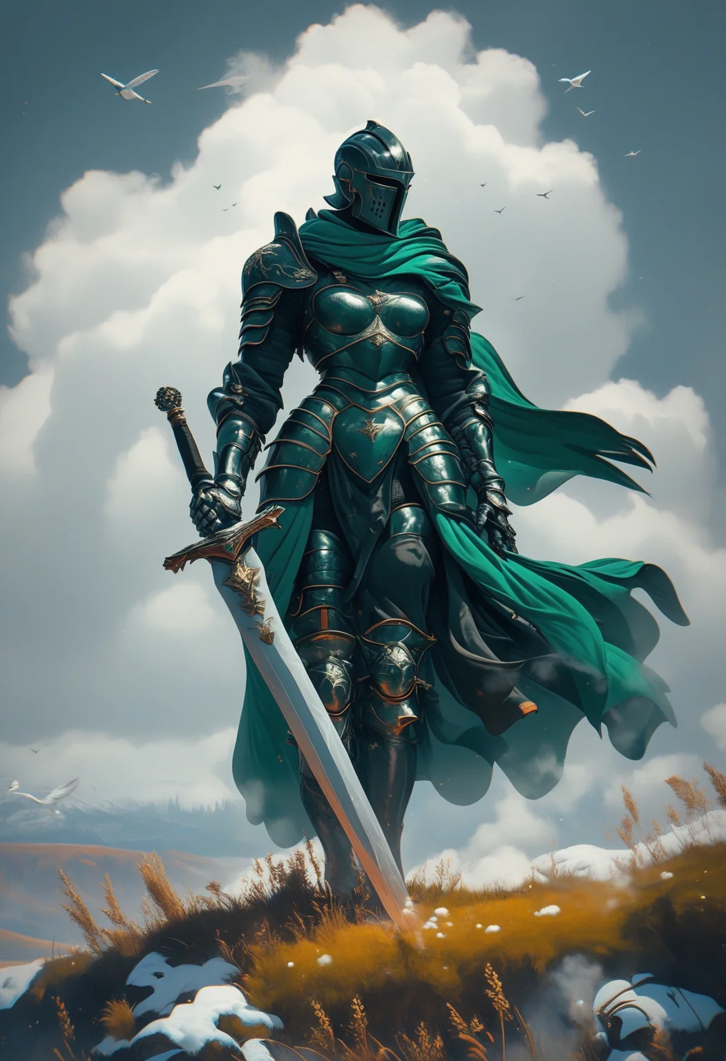 score_9, score_8_up, score_7_up, score_6_up, score_5_up, score_4_up,
<lora:ArmorSentinelV2:1>, arm0rs3nt1n3l,
solo, 1girly, spartan, medium breasts, (black armor with green accents), black color armor, holding, standing, full body, weapon, outdoors, armored boots, sky, cloud, snow, fog, sword, holding weapon, cape, bird, holding sword, grass, cloudy sky, helmet, shoulder armor, wind, facing viewer, gauntlets, sheath, walking, pauldrons, cliff, sheathed, breastplate, armored boots, greaves, planted, faulds, knight, full armor, ambiguous gender, planted sword, covered face, hand on hilt, helm, green cape