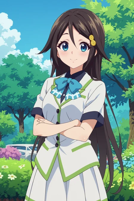 reina izumi,1girl,solo,smile,long hair,hair ornament,looking at viewer,school uniform,bow,hairclip,skirt,hair_between_eyes,blush,arms_under_breasts,cowboy_shot BREAK outdoors,forest,tree,blue sky,flower <lora:Reina_Izumi_-_Musaigen_no_Phantom_World.safetensors:0.8>
