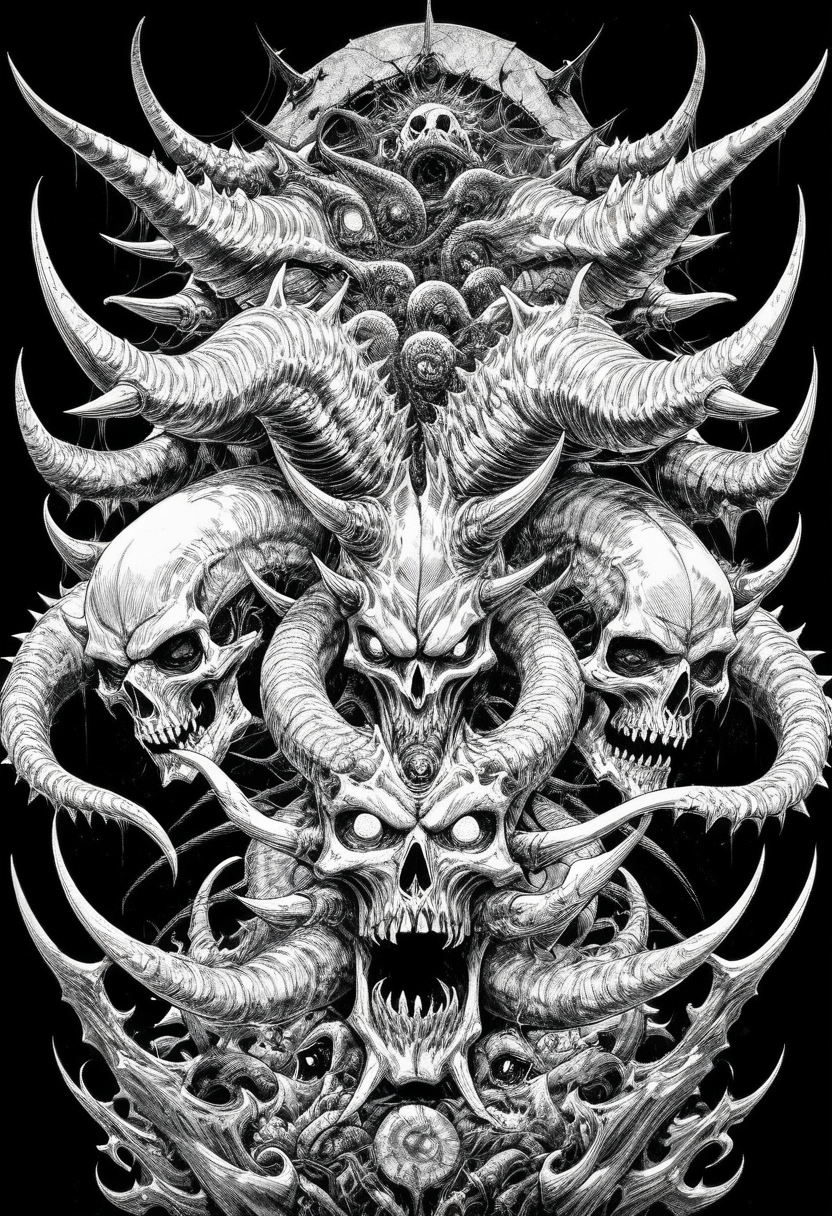 (score_9, score_8_up), score_7_up, zPDXL, solo, looking at viewer, simple background, monochrome, greyscale, horns, teeth, no humans, glowing, sharp teeth, black background, spikes, skull, monster, extra eyes, horror (theme), multiple heads, eldritch abomination<lora:GRIM_v1:0.9>
