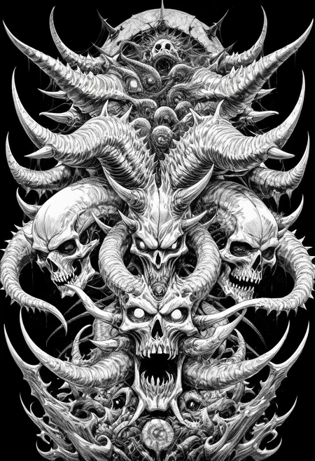 (score_9, score_8_up), score_7_up, zPDXL, solo, looking at viewer, simple background, monochrome, greyscale, horns, teeth, no humans, glowing, sharp teeth, black background, spikes, skull, monster, extra eyes, horror (theme), multiple heads, eldritch abomination<lora:GRIM_v1:0.9>