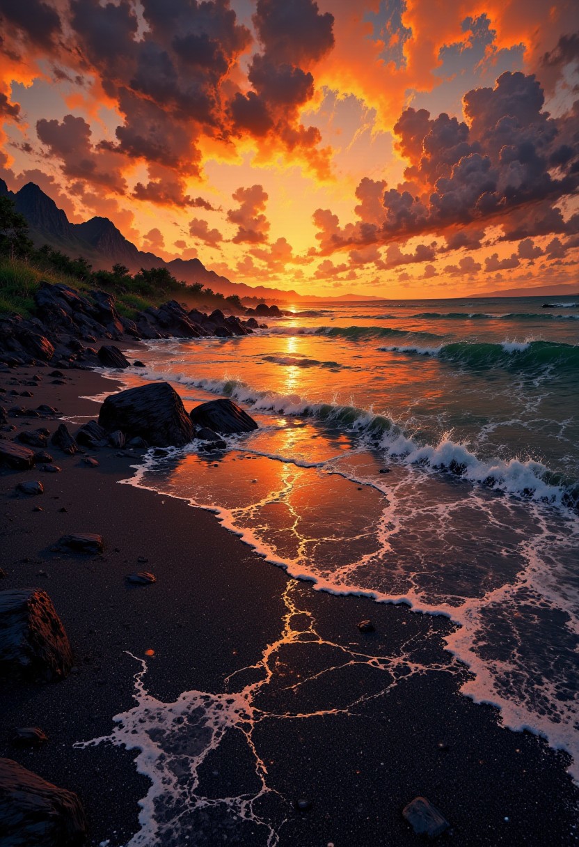 Tahiti Black Sand Beach – Sunset Glow & Volcanic Shoreline
"A dramatic tropical beach in Tahiti, where black volcanic sand glistens under the golden hour light. The sun casts a fiery glow on the distant mountains, while gentle waves reflect the warm hues of sunset. The contrast between the glowing sky and the dark, polished shoreline creates an otherworldly and mesmerizing coastal scene."