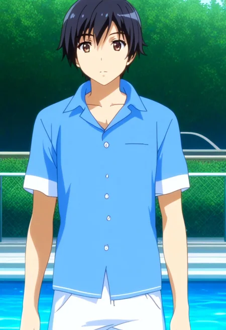((masterpiece)), ((best quality)), ((ultra-detailed)), ((absurdres)), score_9_up, score_8_up, score_7_up,
HD, top quality, best quality, amazing quality, High-quality illustrations, anime screencap, source_anime, best aesthetic, perfect proportions, perfect eyes, 1boy, 1male, solo boy, solo male, male focus, solo male focus, Anime, boy, male anime character, anime boy, handsome, sexy, cute, charming, ((looking at front, looking at viewer)), ((front shot, front view, view from front)), ((cowboy shot, head to hips shot)), ((tall body, tall height)), ((lean body, slim body)), Kaito Kusakari, black hair, brown eyes, blue shirt, white shorts, ((indoor swimming park, swimming pools, slides)), easynegative, updn, Expressiveh, masterpiece, best quality, very aesthetic, absurdres