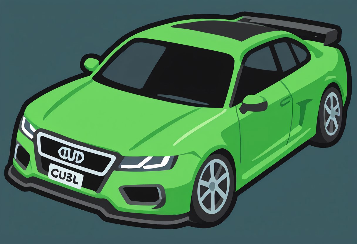 green sports car, stylized Audi, speeding through a futuristic cyberpunk city, wide angle, motion blur, night scene with glowing neon lights and holograms, overexaggerated anime perspective, clean vector style, sharp lines, high contrast colors, game icon aesthetic, 2D stylized illustration, outlined shapes, minimal shading, mid-action pose, dynamic composition, inspired by arcade racing games, CAT - Citron Anime Treasure CAT IL v9, vector, game icon, icons, black outline, detailed