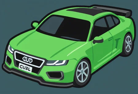 green sports car, stylized Audi, speeding through a futuristic cyberpunk city, wide angle, motion blur, night scene with glowing neon lights and holograms, overexaggerated anime perspective, clean vector style, sharp lines, high contrast colors, game icon aesthetic, 2D stylized illustration, outlined shapes, minimal shading, mid-action pose, dynamic composition, inspired by arcade racing games, CAT - Citron Anime Treasure CAT IL v9, vector, game icon, icons, black outline, detailed