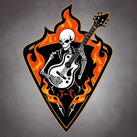 logomkrdsxl,an edgy logo of flaming skeleton with a guitar , vector, <lora:logomkrdsxl:1>, best quality, masterpiece, brand, dark background,