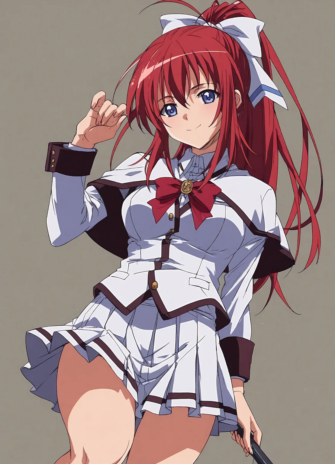 score_9, score_8_up, score_7_up, masterpiece, best quality, absurdres, official art, official style, anime screencap, megami magazine, zPDXL2, zPDXLxxx, <lora:Shiratori Mikoto (In'youchuu Chiroku ver) Pony v1_epoch_10:0.7>, 1girl, solo focus, shiratori_mikoto, large breasts, BREAK, (blue eyes:1.1), BREAK, red hair, long hair, ponytail, sidelocks, bangs, BREAK, hair ribbon, white ribbon with blueline, BREAK, school uniform, capelet, white jacket with black sideline, BREAK, red ribbon, BREAK, white skirt with black lining, pleated skirt, BREAK, <lora:neg4all_bdsqlsz_xl_V91:1.0> <lora:ALTXL_pony_0061_8:2.0>, <lora:detailed_hands-000002:1>, hand closed eyes, smile, (simple background, white background:1.2),