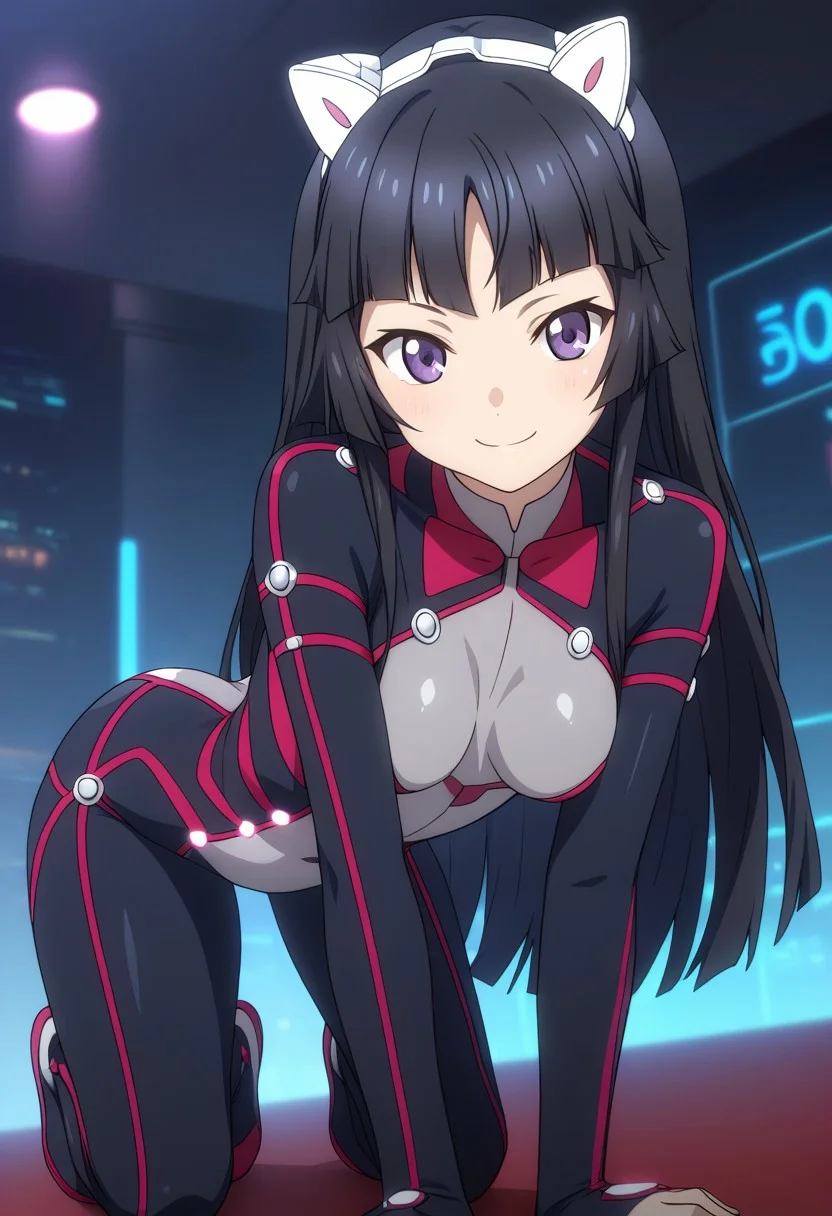 score_9,score_8_up,score_7_up, <lora:GuiltyCrown_TsugumiXL:0.9>, long hair, black hair, hime cut, purple eyes, fake animal ears, hairband, TsugumiSuit, two-tone suit, black bodysuit, grey bodysuit, neon trim, perfect breast, shiny skin, smile, closed mouth, all fours, sexy pose, perfect anatomy