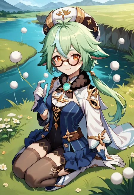 score_9, score_8_up, score_7_up, source_anime, 1girl, sucrosedef, orange eyes, green hair, multicolored hair, hair between eyes, long hair, ponytail, animal ears, glasses, semi-rimless eyewear, hat, beret, fur collar, vision (genshin impact), blue dress, gold trim, cape, long sleeves, white gloves, garter straps, black thighhighs, knee boots, white footwear, wariza, kneeling, closed mouth, smile, blush, looking at viewer, outdoors, grass, lake, wind, dandelion, portrait, close-up, upper body, facing viewer, <lora:Sucrose_v1-000010:1>