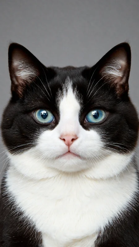 highly detailed, high-resolution photograph of a unique cat with strikingly contrasting fur colors. The cat's face is split down the middle, with the left side being a deep, glossy black and the right side a pure, fluffy white. The cat's eyes are a vivid, striking blue, which contrasts sharply with both the black and white fur. The black side of the cat's fur appears sleek and smooth, while the white side looks soft and fluffy, with visible individual hairs. The cat's nose is a natural black, blending seamlessly with the black fur. The background is a smooth, gradient grey, which ensures that the cat's fur colors stand out prominently. The photograph captures the cat from the waist up, with the focus on its face, and the lighting is soft and natural, highlighting the textures of the fur and the cat's eyes. The image is a close-up, emphasizing the cat's distinctive appearance.,aidmaimageupgrader, aidmaMJ6.1 <lora:aidmaMJ6.1-FLUX-v0.5:0.7> <lora:aidmaImageUprader-FLUX-v0.3:0.4>
