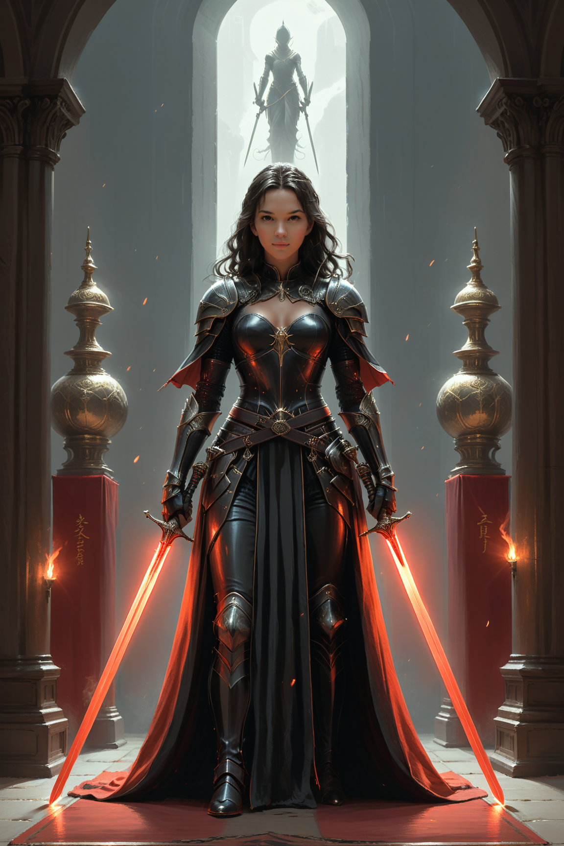 fantasy, 1 hero with dual swords <lora:dual_swords:0.55>  , <lora:EnvyStudioPortraitXL01:0.35> ,, ,alchemical,(by Edward Gorey and Emiliano Ponzi:1.20), (by Alena Aenami and Sherree Valentine Daines and Noriyoshi Ohrai:0.80) <lora:more_art:0.35> <lora:RMSDXL_Enhance:0.50> <lora:RMSDXL_Creative:0.50> <lora:RMSDXL_Photo:0.50> <lora:RMSDXL_Darkness_Cinema:0.50> <lora:clothing_slider:1.50> <lora:great_lighting:1.50> <lora:aesthetic:1.50> <lora:looking_at_viewer:1.50> <lora:photorealistic_portrait_v2:0.25> <lora:attractive_v2:0.15> <lora:extremely_detailed_v2:0.25> <lora:add_detail:0.25> <lora:perfect_eyes:0.25> <lora:perfect_hands:0.50> <lora:midjourney:-0.15>