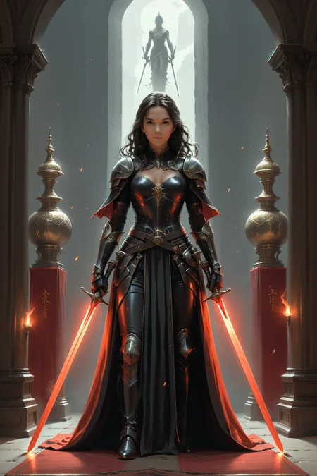 fantasy, 1 hero with dual swords <lora:dual_swords:0.55> , <lora:EnvyStudioPortraitXL01:0.35> ,, ,alchemical,(by Edward Gorey and Emiliano Ponzi:1.20), (by Alena Aenami and Sherree Valentine Daines and Noriyoshi Ohrai:0.80) <lora:more_art:0.35> <lora:RMSDXL_Enhance:0.50> <lora:RMSDXL_Creative:0.50> <lora:RMSDXL_Photo:0.50> <lora:RMSDXL_Darkness_Cinema:0.50> <lora:clothing_slider:1.50> <lora:great_lighting:1.50> <lora:aesthetic:1.50> <lora:looking_at_viewer:1.50> <lora:photorealistic_portrait_v2:0.25> <lora:attractive_v2:0.15> <lora:extremely_detailed_v2:0.25> <lora:add_detail:0.25> <lora:perfect_eyes:0.25> <lora:perfect_hands:0.50> <lora:midjourney:-0.15>