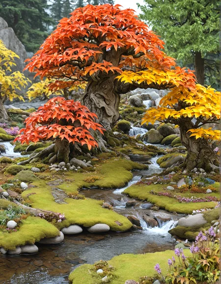 Masterpiece, raw photo, high quality, autumn, bonsai, tree, trees, grassy, moose, rocks, rock, grass, a sun-flooded fairytale forest full of mushrooms and colorful blossoming bonsai trees, a flowing stream in the middle of a small dreamy village, (watercolor:1.2), 8k, 16k, uhd, sharp lines, (lots of details:1.2), extremely detailed, absurdres, intricate detailed, cinematic scene, best quality, high detailed, ultra sharp, photorealistic, award winning,