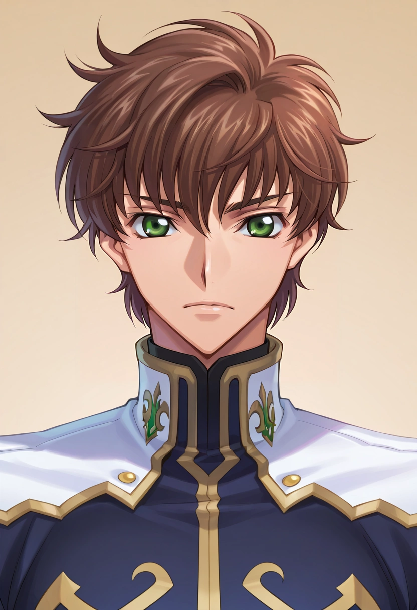 masterpiece, best quality, intricate details, semi-realistic, looking at viewer, 1boy, solo, male focus, <lora:suzaku_kururugi_ilxl:0.92>, suzaku_kururugi, brown hair, green eyes, uniform, ,