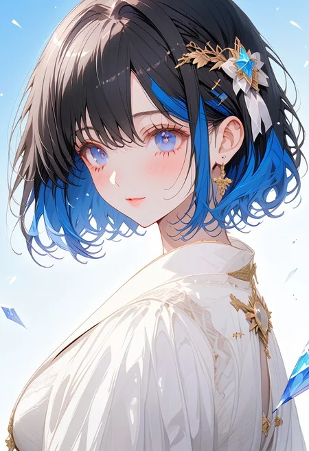 1girl, solo, ((Shion Tachibana, Perfect Face, Short hair, Black hair, Multicolored Blue hair, Expressive eyes, Blue crystal eyes)), expressive face, blushing, closed mouth, perfect body, perfect breast, tall, white skin, wedding dress, gold ornament, hair ornament, church, blue sky, cinematic lighting , cinematic angle, soft light , color detail, backlighting, Depth of field, long exposure, light steps, intricate colors, vibrant colors, negative_hand, easynegative, verybadimagenegative_v1.3,