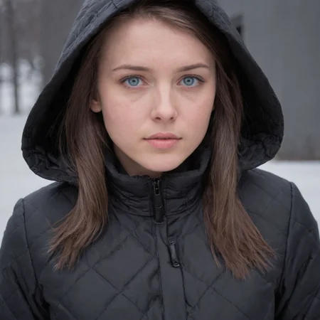 close up photo of a woman with straight brown hair, blue eyes, and a fair complexion. She is wearing a black quilted winter coat with a hood, side zippers, and a high collar, along with dark jeans. The environment is neutral or urban.