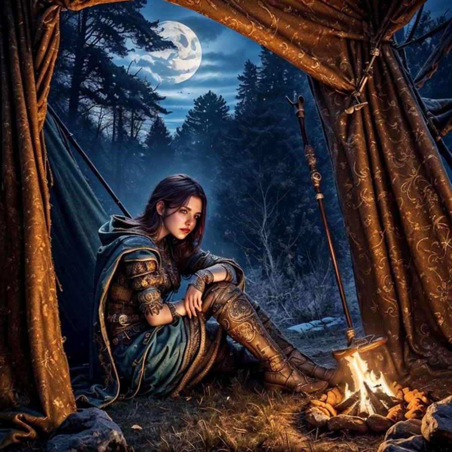 RAW photo, (masterpiece:1.3), subsurface scattering, heavy shadow, (high quality:1.4), (intricate, high detail:1.2), professional photography, HDR, High Dynamic Range, realistic, ultra realistic, photorealistic, high resolution, film photography, ambient lighting, atmospheric effects, <lora:detail_slider_v4:2>, OverallDetail,  <lora:Campsite:1>, campsite, fire, night, sitting, the, time, with, tent, epiCPhoto