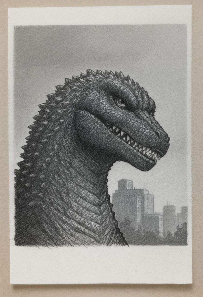traditional media \(artwork\),monochrome,sketch,rough sketch,paper texture, 1monster, solo, giant reptillian dinosaur godzilla, sharp teeth, dorsal plates, spines, feral, realistic scales, detailed scale texture, furry male, solo, plantigrade, portrait, close-up, sloped neck, solo, extremely detailed, Macro detailed realism style, creature, scales, textured skin, sharp teeth, spikes, back spikes, Masterpiece,Sharp focus,UHD,Polaroid,High quality,Perfect,Atmospheric,64k,8k,CCTV,Telephoto,