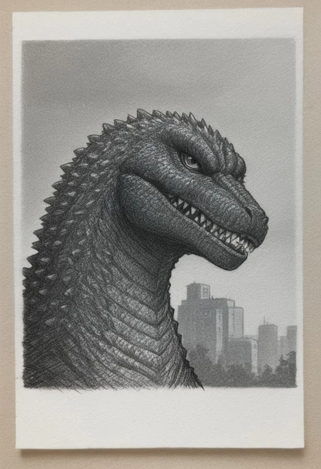 traditional media \(artwork\),monochrome,sketch,rough sketch,paper texture, 1monster, solo, giant reptillian dinosaur godzilla, sharp teeth, dorsal plates, spines, feral, realistic scales, detailed scale texture, furry male, solo, plantigrade, portrait, close-up, sloped neck, solo, extremely detailed, Macro detailed realism style, creature, scales, textured skin, sharp teeth, spikes, back spikes, Masterpiece,Sharp focus,UHD,Polaroid,High quality,Perfect,Atmospheric,64k,8k,CCTV,Telephoto,